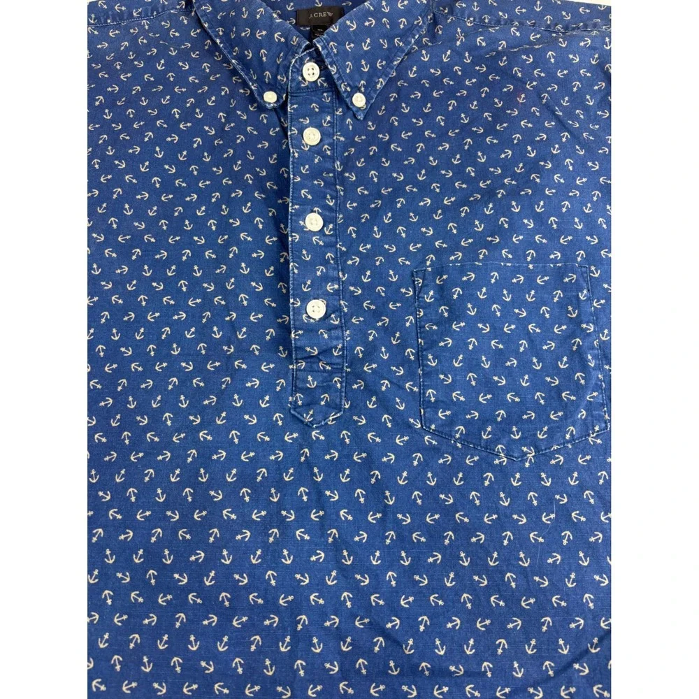 J.Crew Mens XL Popover Shirt Blue Anchor Print Short Sleeve Button Down Casual